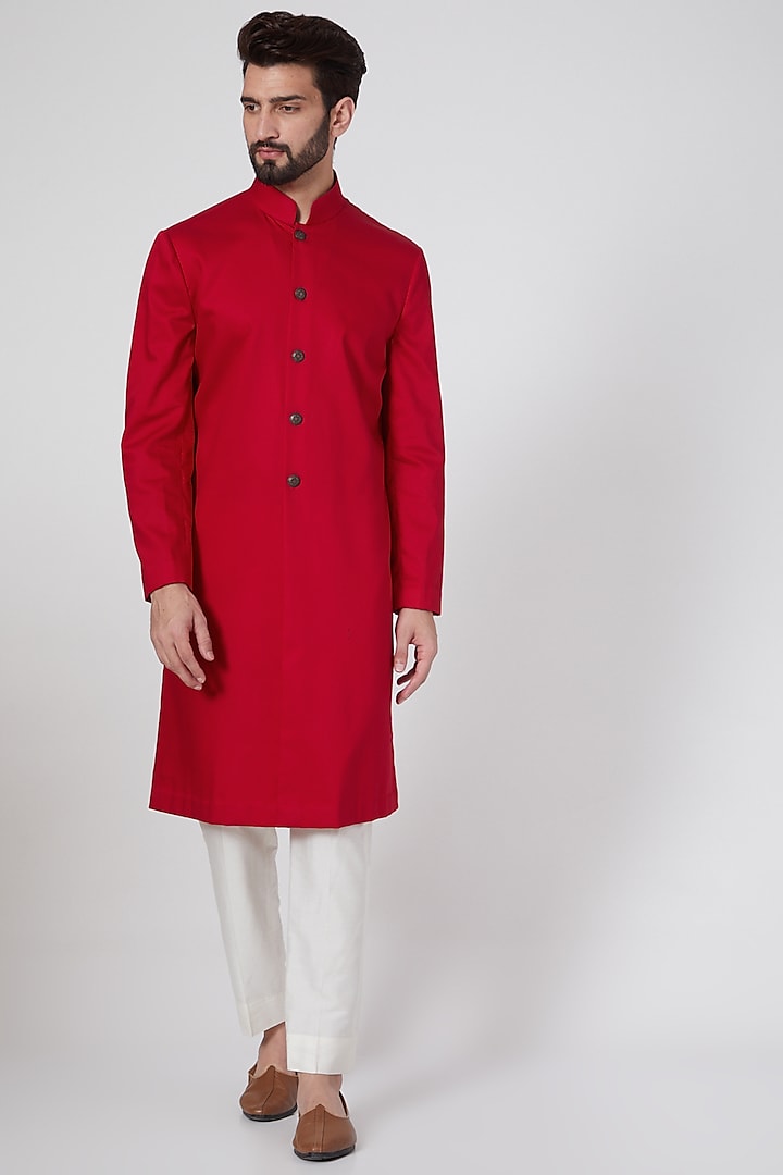 Red Cotton Formal Kurta by Ravi Bajaj