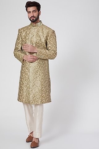 Olive Green Embroidered Sherwani by Ravi Bajaj