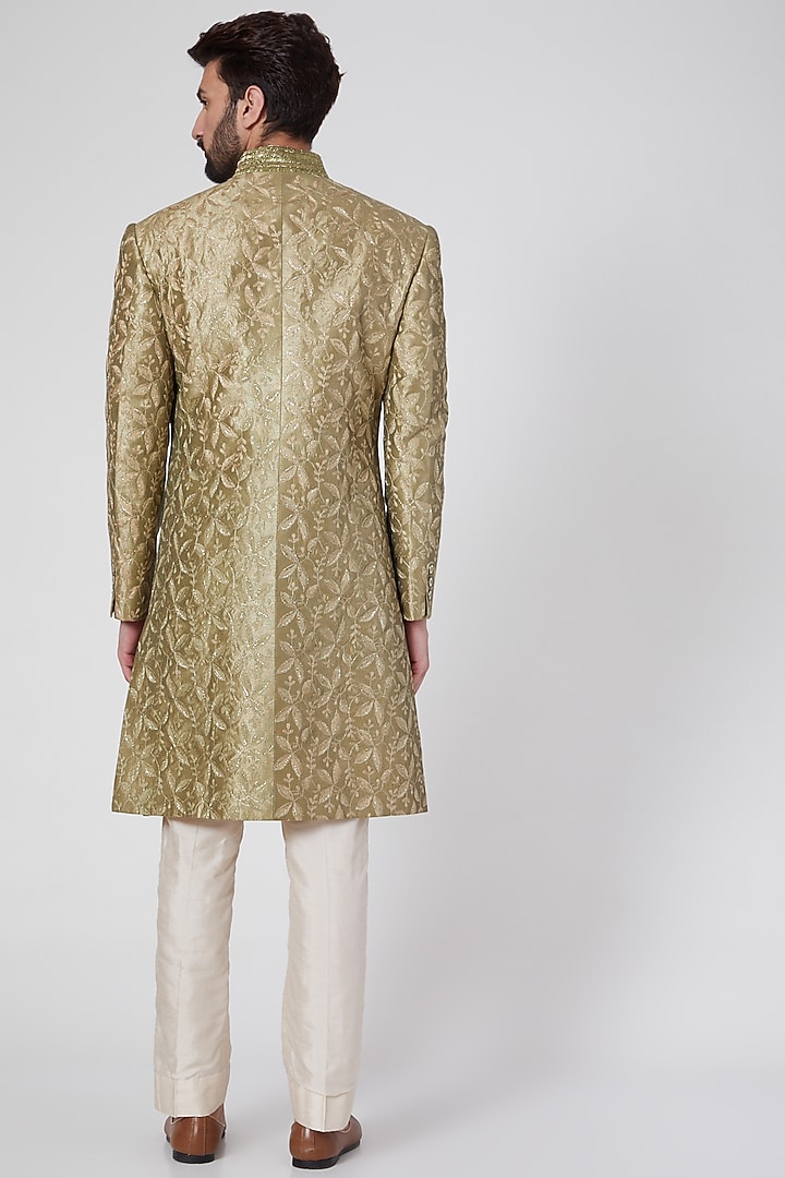 Olive Green Embroidered Groom Sherwani by Ravi Bajaj at Pernia's Pop Up Shop