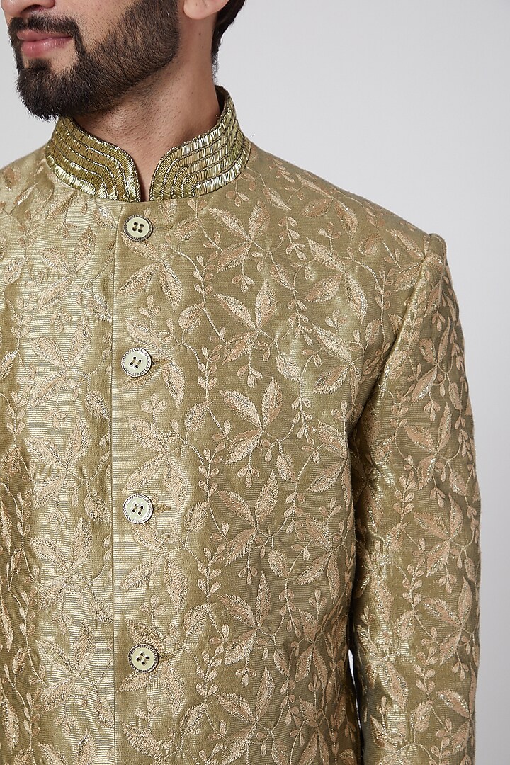 Olive Green Embroidered Groom Sherwani by Ravi Bajaj at Pernia's Pop Up Shop