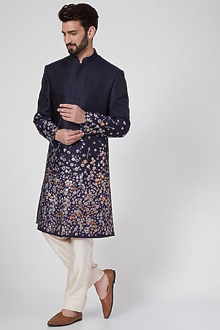 Cobalt Blue Silk Sherwani by Ravi Bajaj