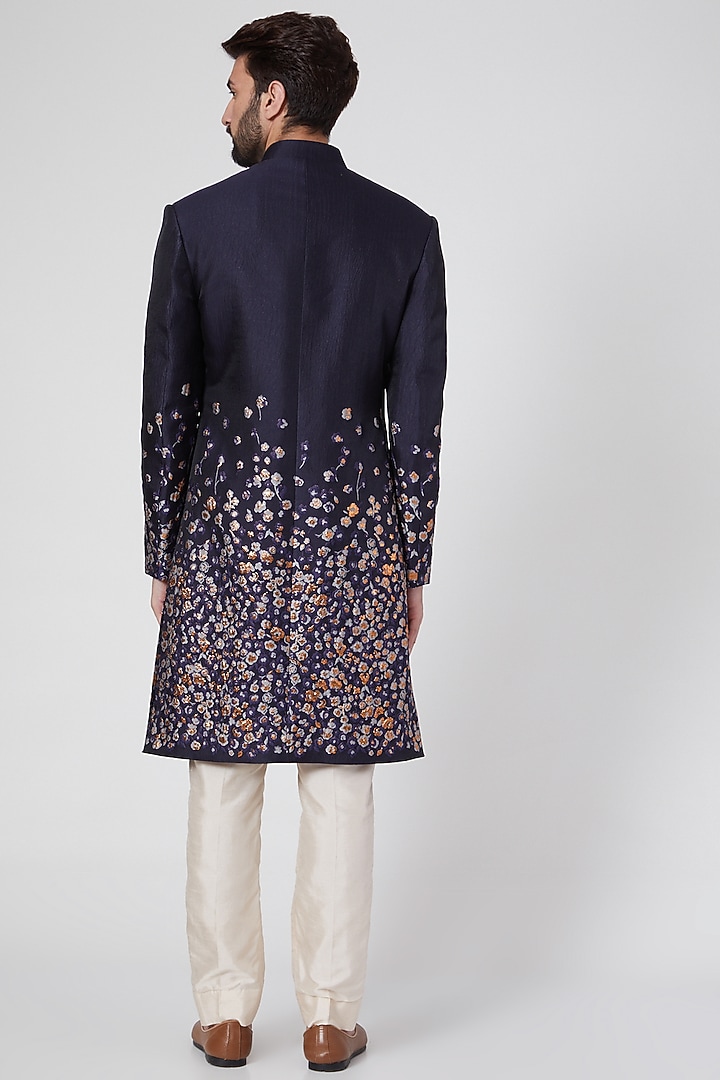 Cobalt Blue Silk Groom Sherwani by Ravi Bajaj at Pernia's Pop Up Shop