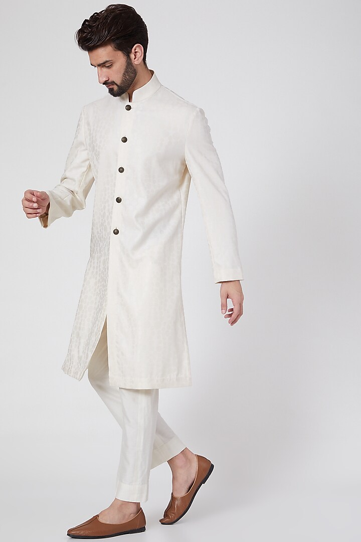 Ivory Silk Jacquard Achkan Kurta by Ravi Bajaj