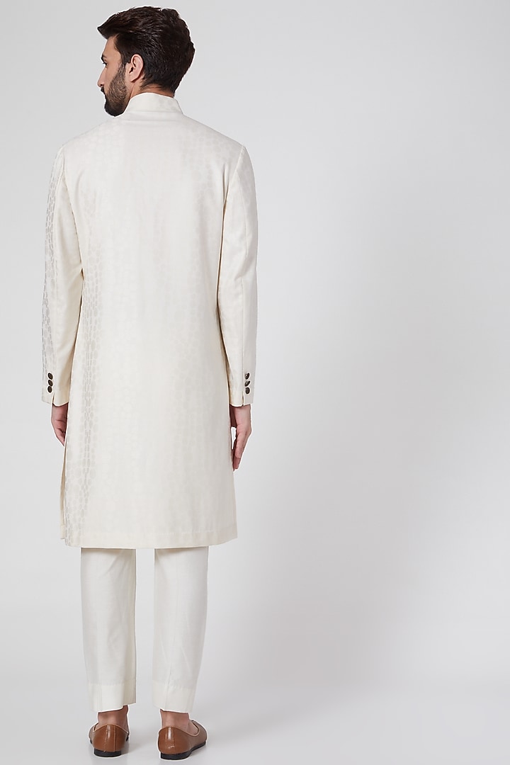 Ivory Silk Jacquard Achkan Kurta by Ravi Bajaj at Pernia's Pop Up Shop