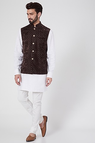 Brown Velvet Gilet Jacket by Ravi Bajaj
