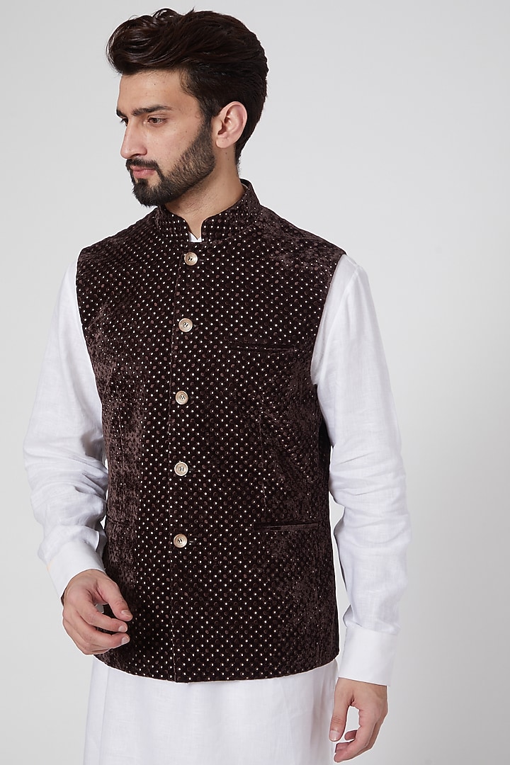 Brown Velvet Gilet Jacket by Ravi Bajaj at Pernia's Pop Up Shop