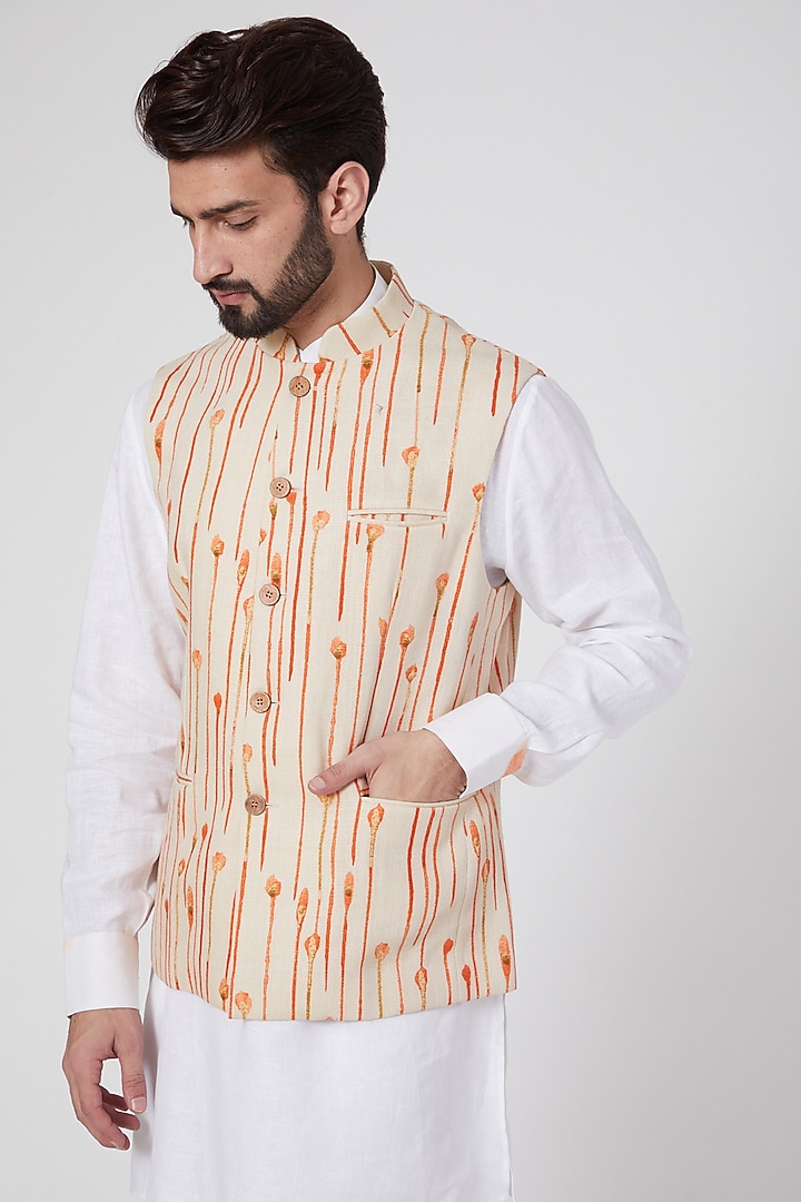 Nude Floral Printed Gilet Jacket by Ravi Bajaj at Pernia's Pop Up Shop