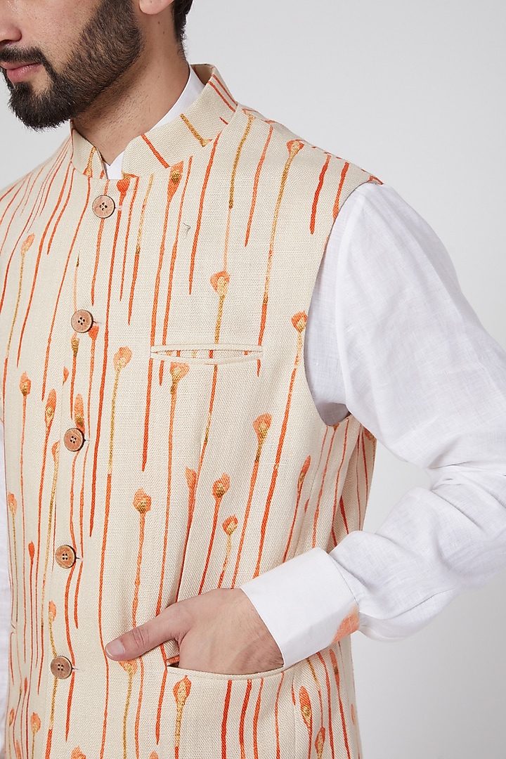 Nude Floral Printed Gilet Jacket by Ravi Bajaj at Pernia's Pop Up Shop