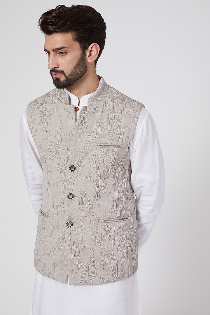 Beige Silk Gilet Jacket by Ravi Bajaj at Pernia's Pop Up Shop