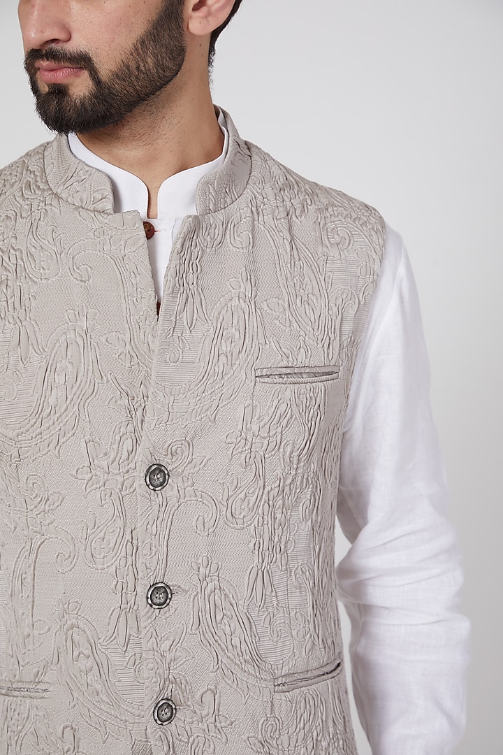 Beige Silk Gilet Jacket by Ravi Bajaj at Pernia's Pop Up Shop