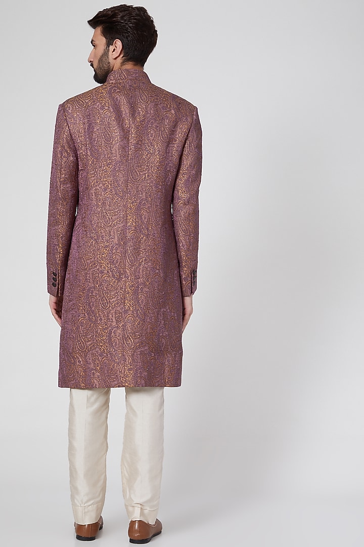 Gold & Mauve Silk Groom Sherwani by Ravi Bajaj at Pernia's Pop Up Shop