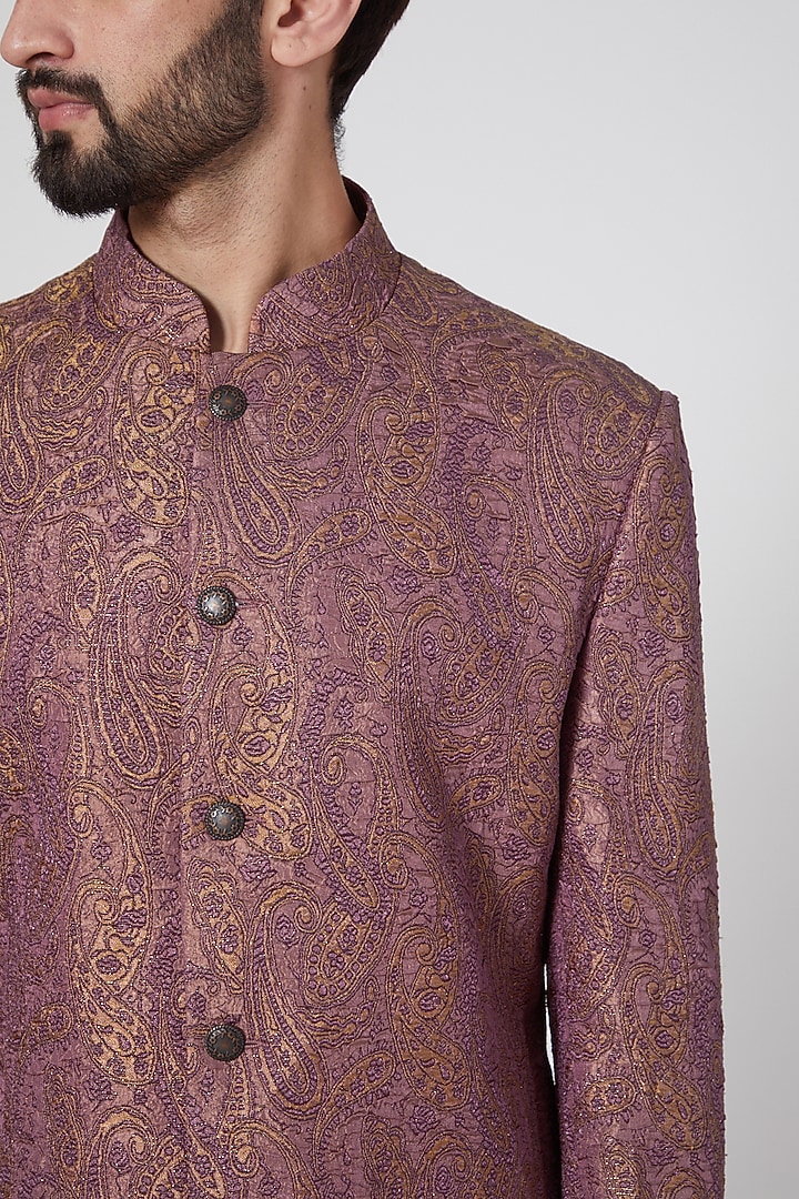 Gold & Mauve Silk Groom Sherwani by Ravi Bajaj at Pernia's Pop Up Shop