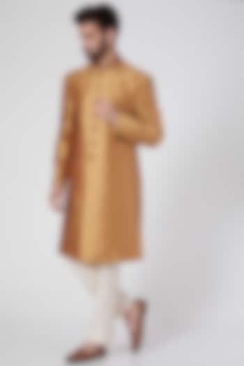 Orange Gold Silk Sherwani by Ravi Bajaj