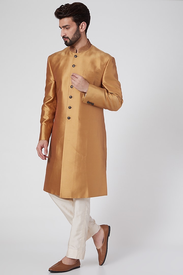 Orange Gold Silk Sherwani by Ravi Bajaj