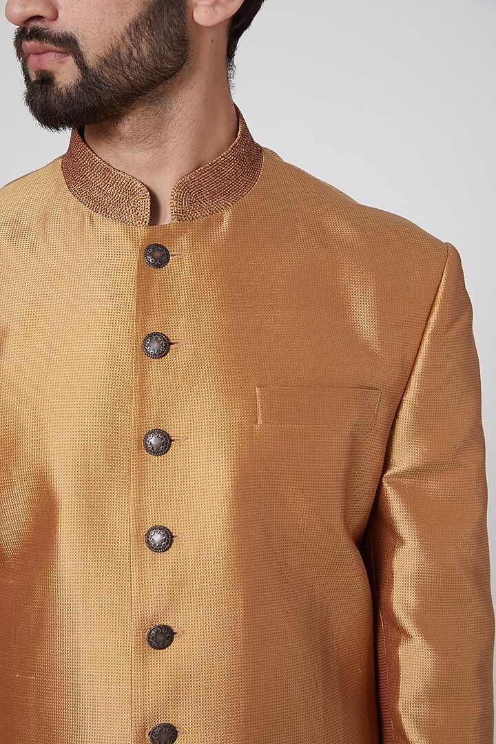 Orange Gold Silk Groom Sherwani by Ravi Bajaj at Pernia's Pop Up Shop