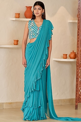 Blue Crepe & Georgette Draped Ruffled Saree Set by Rabnoor K Sethi