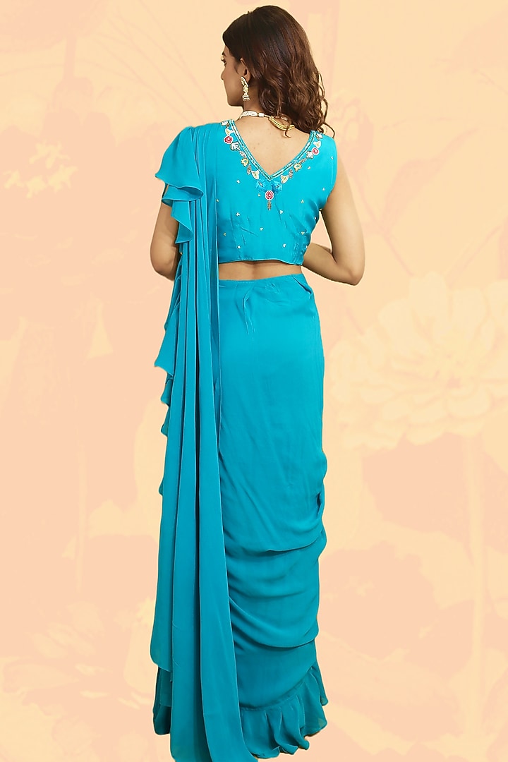 Blue Crepe & Georgette Draped Ruffled Wedding Saree Set by Rabnoor K Sethi at Pernia's Pop Up Shop