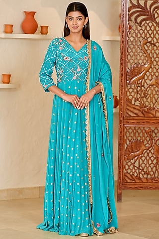 Blue Chinon Beads Embellished Anarkali Set by Rabnoor K Sethi