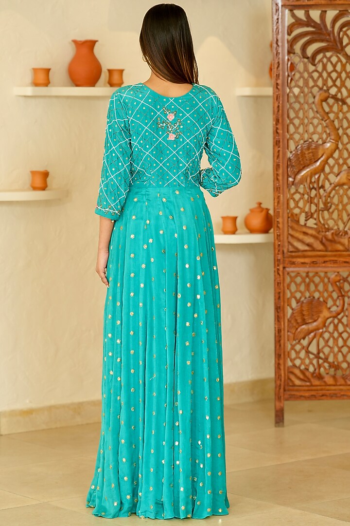 Blue Chinon Beads Embellished Wedding Anarkali Set by Rabnoor K Sethi at Pernia's Pop Up Shop