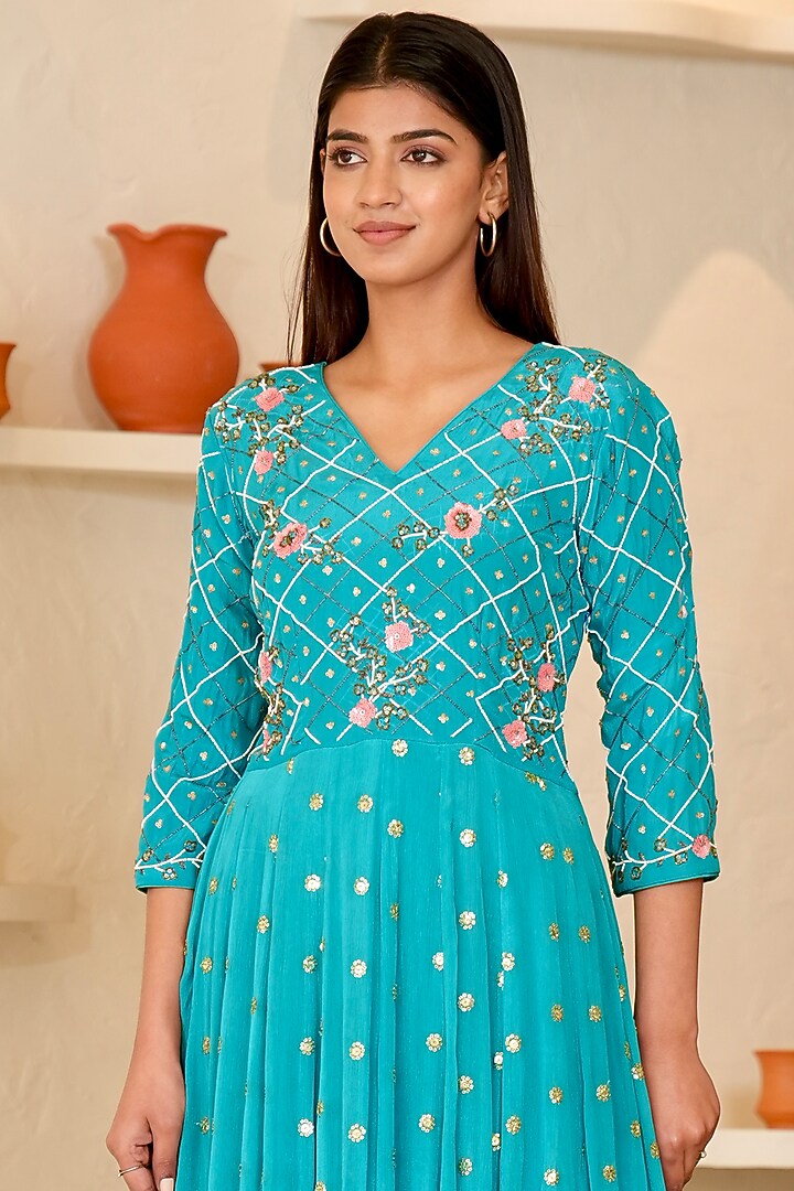 Blue Chinon Beads Embellished Wedding Anarkali Set by Rabnoor K Sethi at Pernia's Pop Up Shop