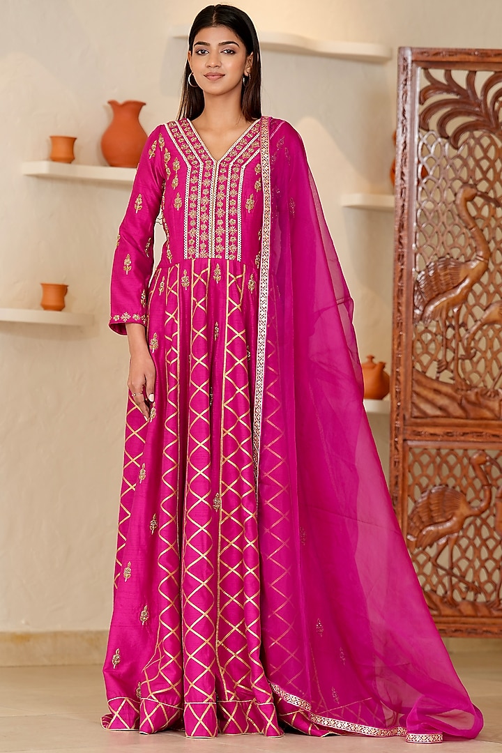 Fuchsia Pink Dupion Silk Gota Embroidered Anarkali Set by Rabnoor K Sethi