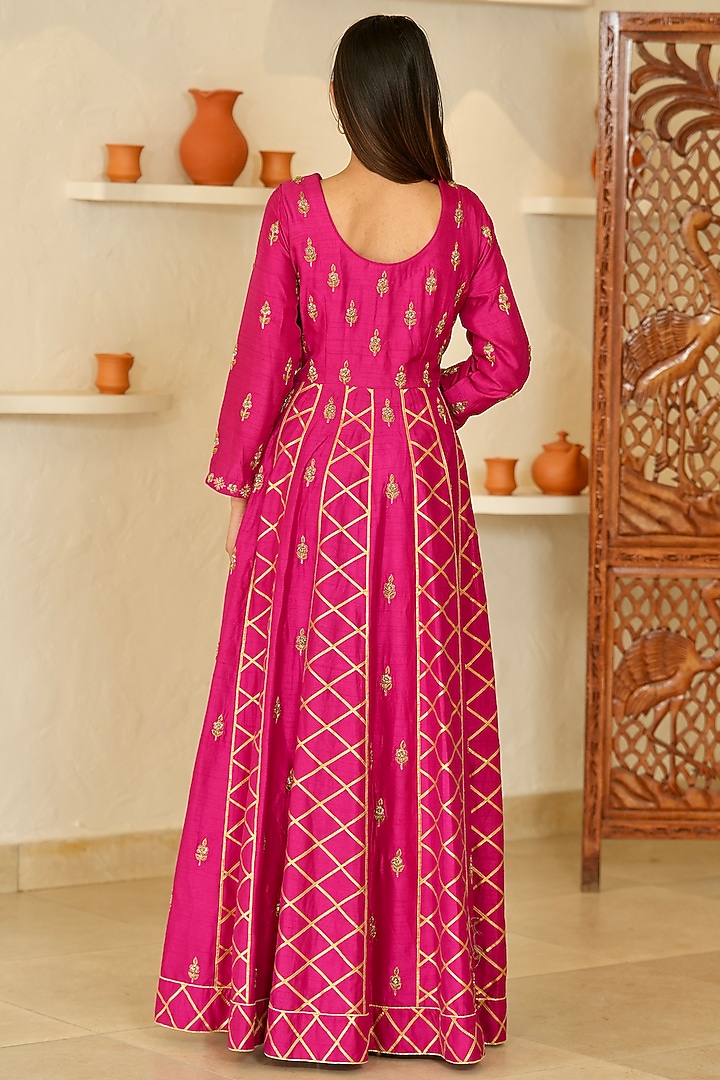 Fuchsia Pink Dupion Silk Gota Embroidered Wedding Anarkali Set by Rabnoor K Sethi at Pernia's Pop Up Shop