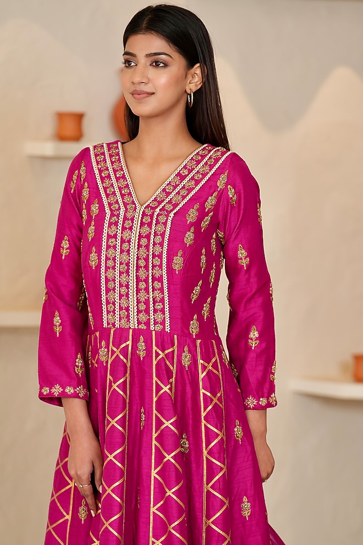 Fuchsia Pink Dupion Silk Gota Embroidered Wedding Anarkali Set by Rabnoor K Sethi at Pernia's Pop Up Shop