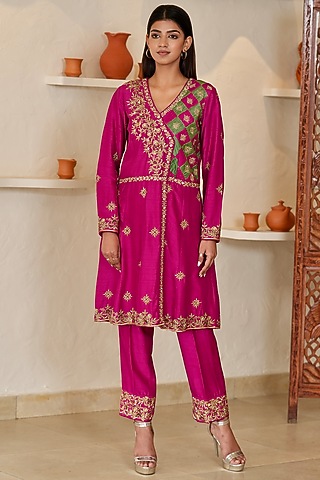 Fuchsia Pink Dupion Silk Zardosi Embroidered Angrakha Kurta Set by Rabnoor K Sethi
