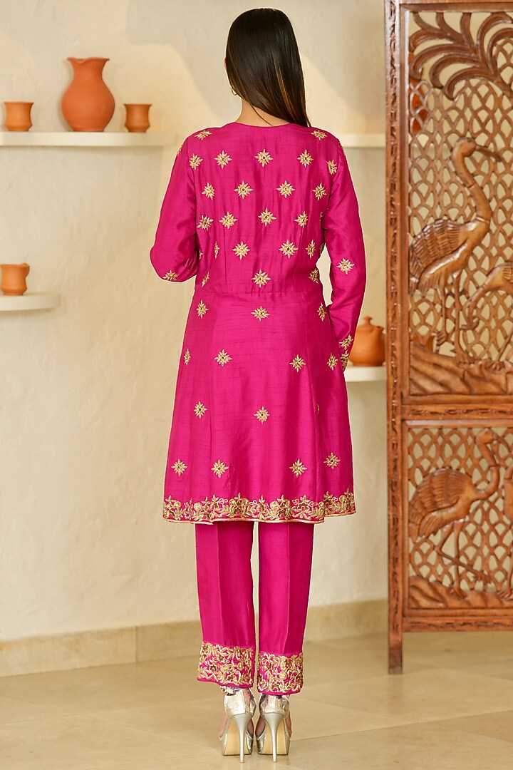 Fuchsia Pink Dupion Silk Zardosi Embroidered Angrakha Kurta Set by Rabnoor K Sethi at Pernia's Pop Up Shop