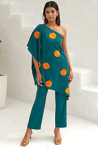 Teal Green Banana Crepe Floral Embroidered Co-Ord Set by Rabnoor K Sethi