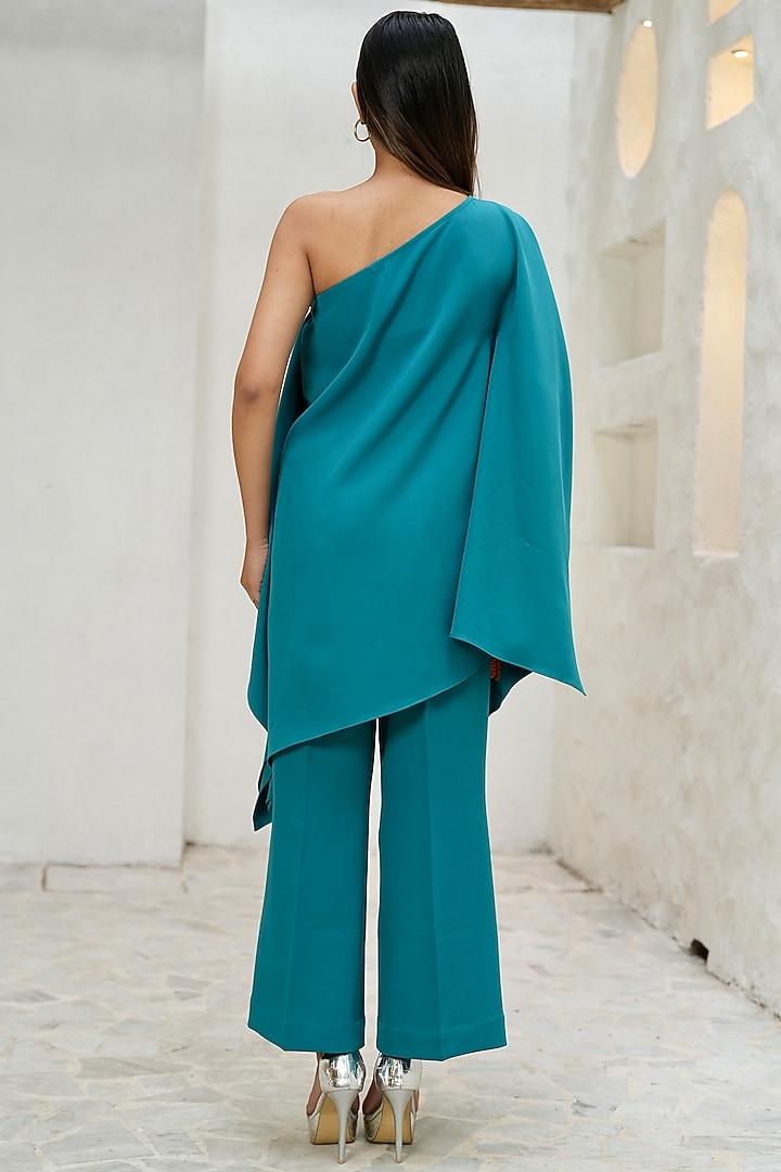 Teal Green Banana Crepe Floral Embroidered Co-Ord Set by Rabnoor K Sethi at Pernia's Pop Up Shop