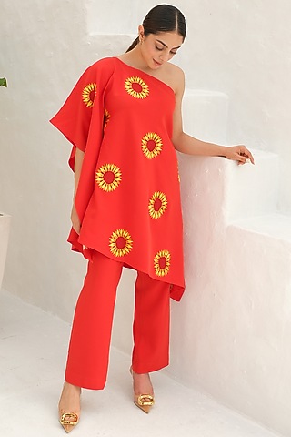 Orange Banana Crepe Floral Embroidered Co-Ord Set by Rabnoor K Sethi