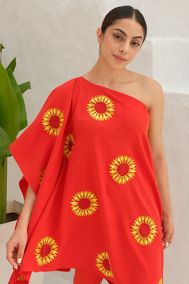 Orange Banana Crepe Floral Embroidered Co-Ord Set by Rabnoor K Sethi at Pernia's Pop Up Shop