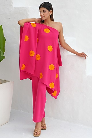 Fuchsia Pink Banana Crepe Floral Embroidered Co-Ord Set by Rabnoor K Sethi