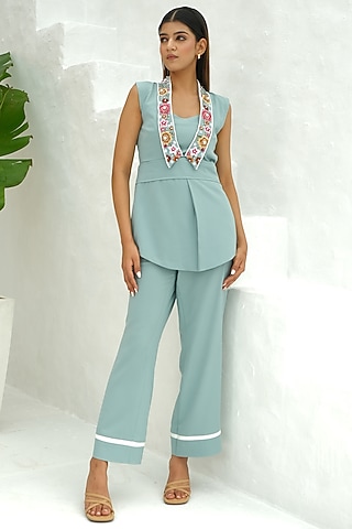 Shadow Green Mouse Crepe Beads Embellished Co-Ord Set by Rabnoor K Sethi