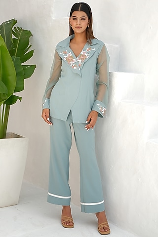 Shadow Green Mouse Crepe Hand Embroidered Co-Ord Set by Rabnoor K Sethi