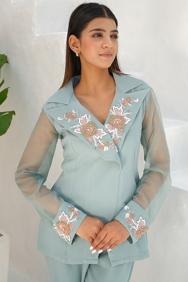 Shadow Green Mouse Crepe Hand Embroidered Co-Ord Set by Rabnoor K Sethi at Pernia's Pop Up Shop