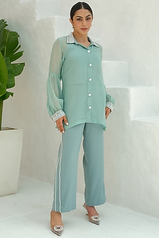 Shadow Green Mouse Crepe & Organza Beads Hand Embroidered Co-Ord Set by Rabnoor K Sethi