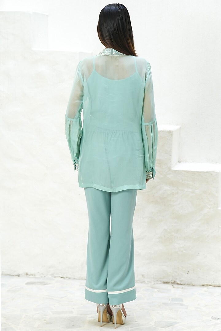 Shadow Green Mouse Crepe & Organza Beads Hand Embroidered Co-Ord Set by Rabnoor K Sethi at Pernia's Pop Up Shop