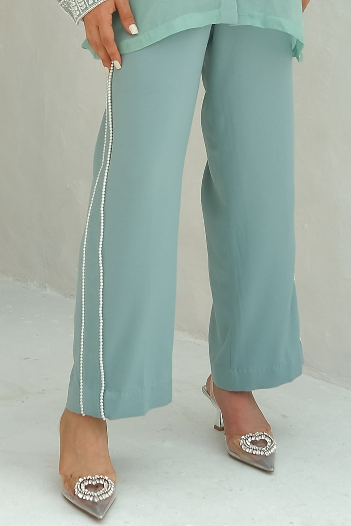 Shadow Green Mouse Crepe & Organza Beads Hand Embroidered Co-Ord Set by Rabnoor K Sethi at Pernia's Pop Up Shop
