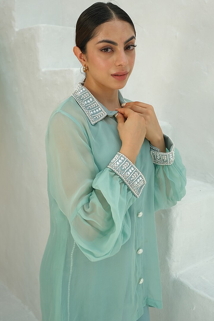 Shadow Green Mouse Crepe & Organza Beads Hand Embroidered Co-Ord Set by Rabnoor K Sethi at Pernia's Pop Up Shop