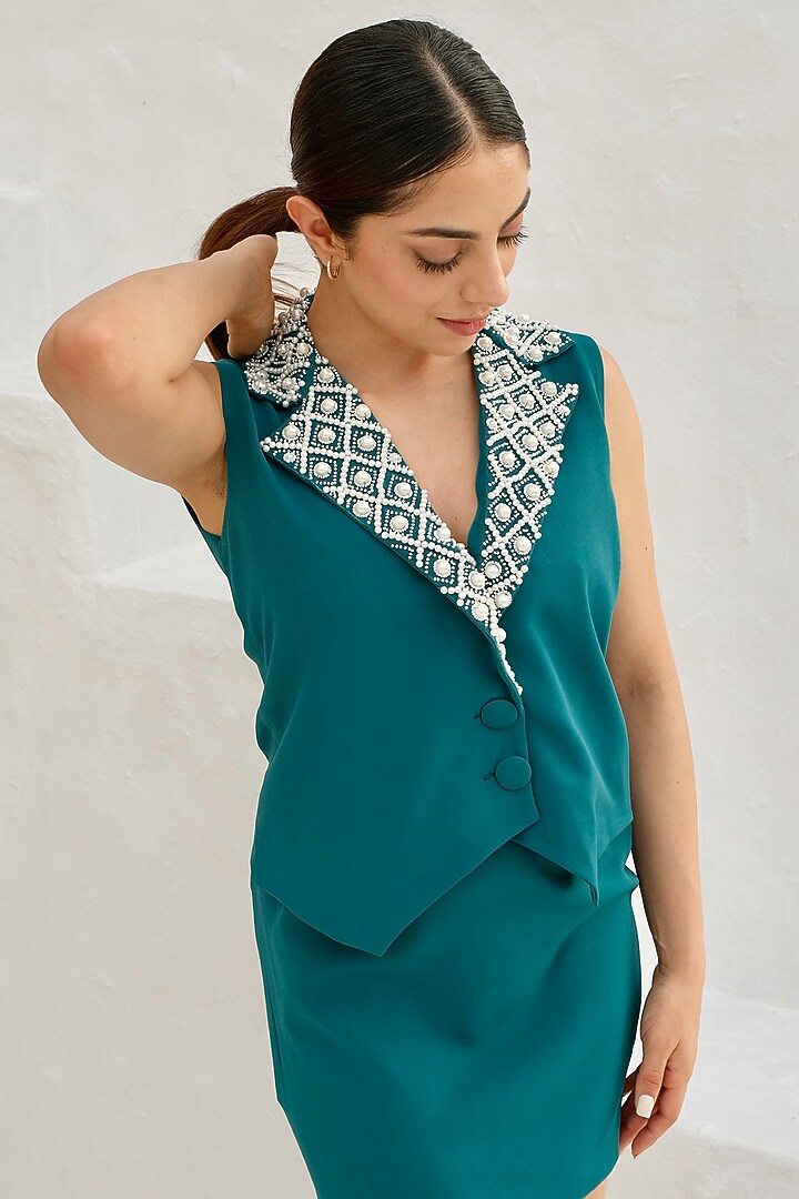 Teal blue Banana Crepe Pearl Embellished Blazer Set by Rabnoor K Sethi at Pernia's Pop Up Shop
