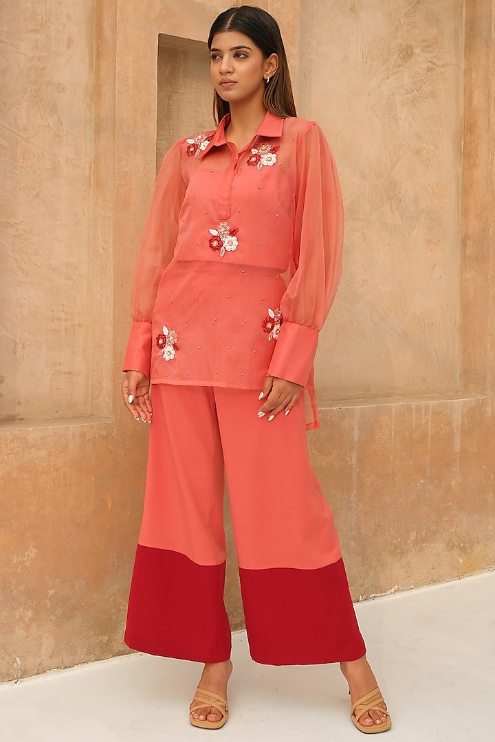 Coral Organza Hand Embroidered Co-Ord Set by Rabnoor K Sethi