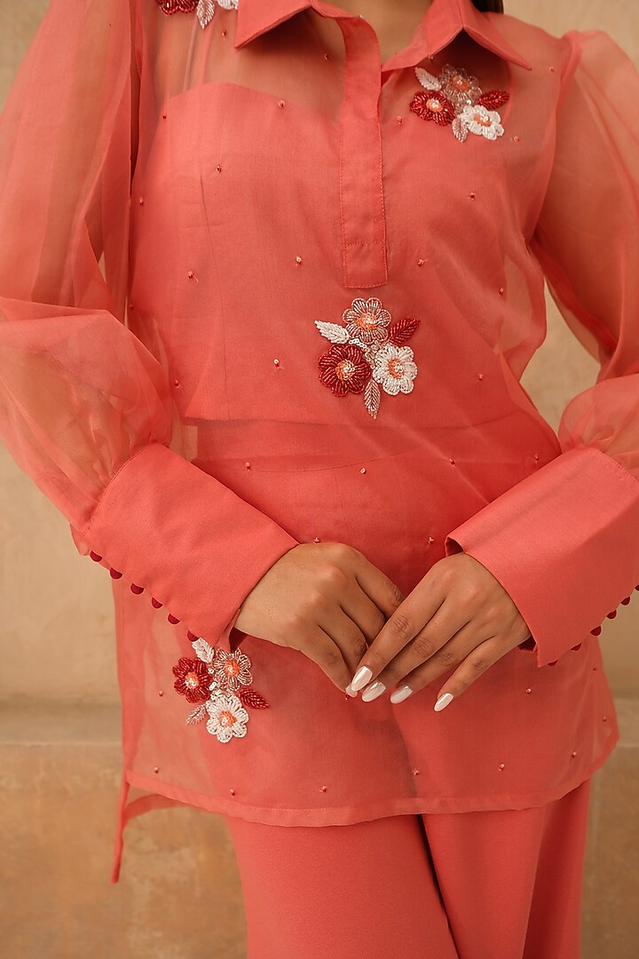 Coral Organza Hand Embroidered Co-Ord Set by Rabnoor K Sethi at Pernia's Pop Up Shop