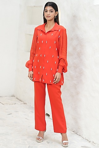 Tangerine Mouse Crepe Pearl Embroidered Co-Ord Set by Rabnoor K Sethi
