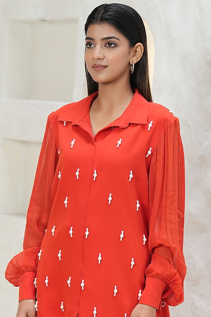 Tangerine Mouse Crepe Pearl Embroidered Co-Ord Set by Rabnoor K Sethi at Pernia's Pop Up Shop