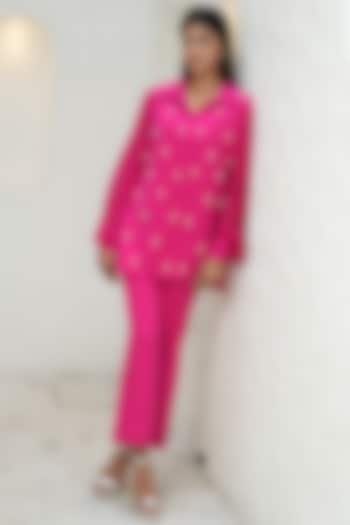 Fuchsia Pink Mouse Crepe Pearl Embroidered Co-Ord Set by Rabnoor K Sethi