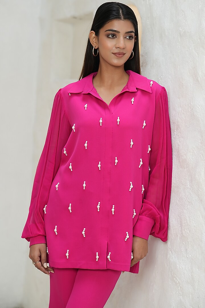 Fuchsia Pink Mouse Crepe Pearl Embroidered Co-Ord Set by Rabnoor K Sethi at Pernia's Pop Up Shop
