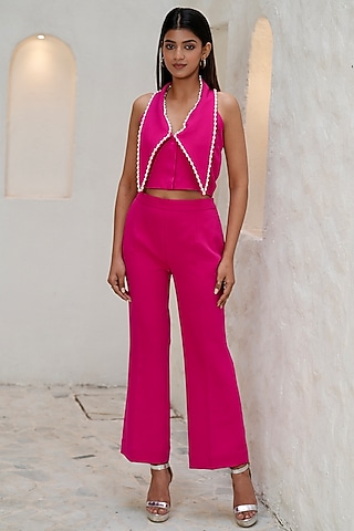 Hot Pink Banana Crepe Embellished Co-Ord Set by Rabnoor K Sethi