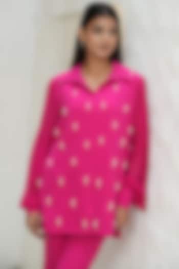 Fuchsia Pink Banana Crepe Pearl Embellished Shirt by Rabnoor K Sethi